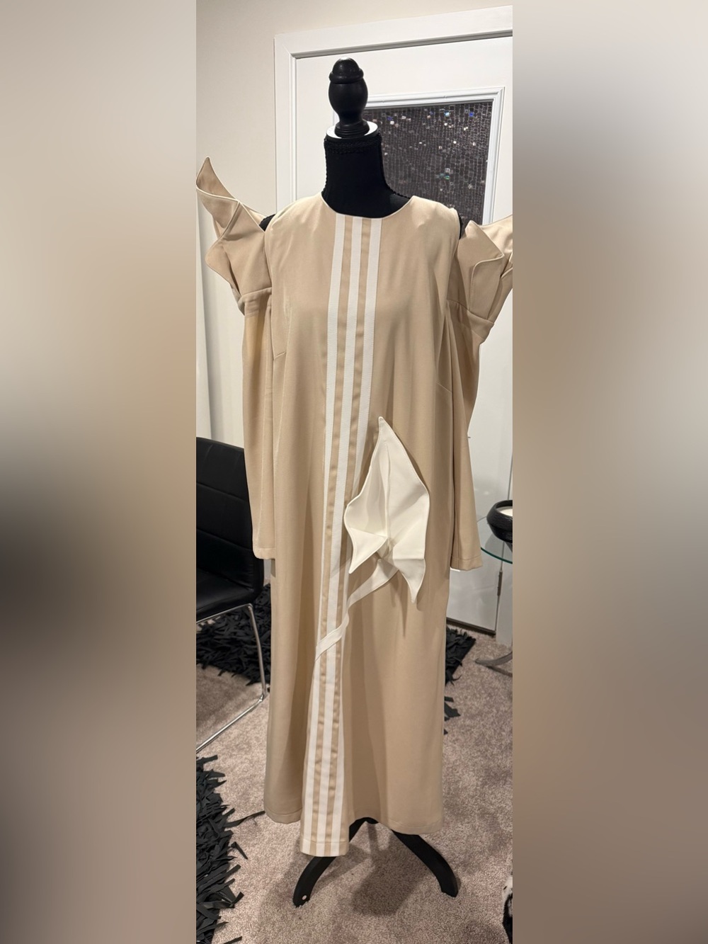 Beige Contrast-Stripe Maxi Dress with Sculpted Sleeve Detail Julia Allert